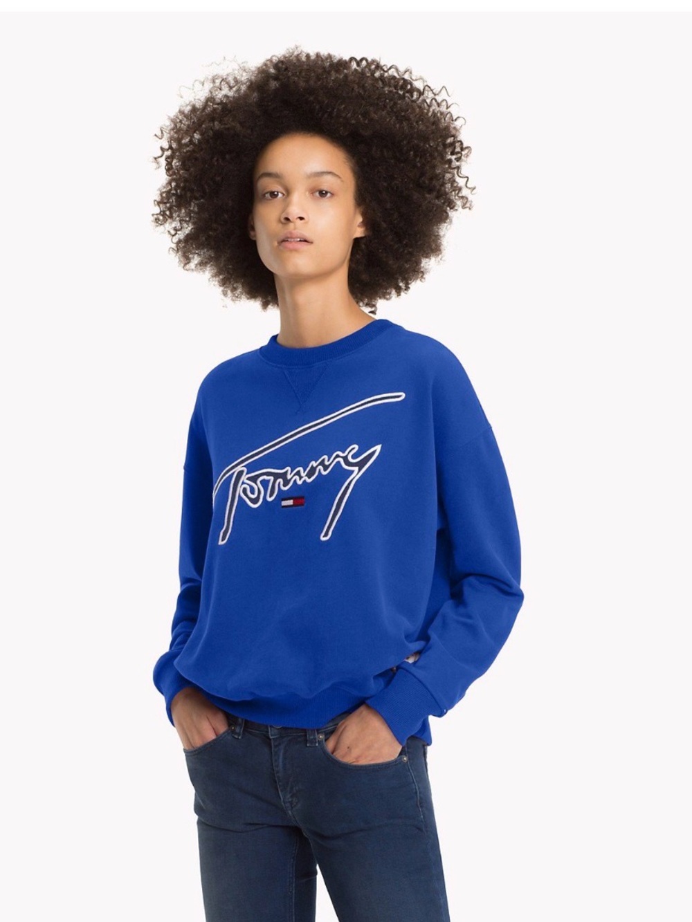 Tommy Hilfiger Women’s Royal Blue Script Logo Crewneck Sweatshirt